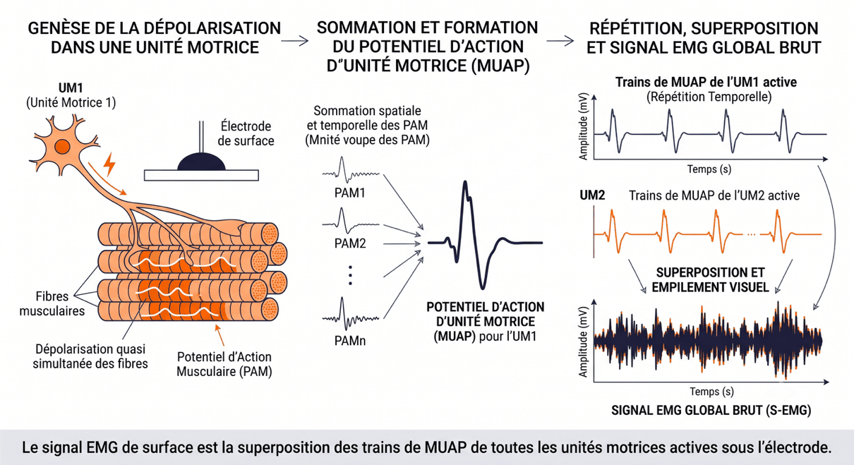Genèse du signal EMG : sommation des potentiels d'action musculaires en un MUAP, puis superposition des trains de MUAP de toutes les unités actives sous l'électrode
