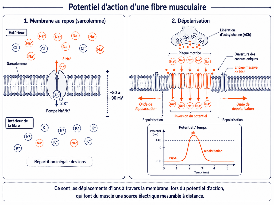 Potentiel d'action d'une fibre musculaire : membrane au repos à -80/-90 mV puis dépolarisation par entrée massive de sodium, ce sont ces déplacements d'ions qui rendent le muscle mesurable à distance