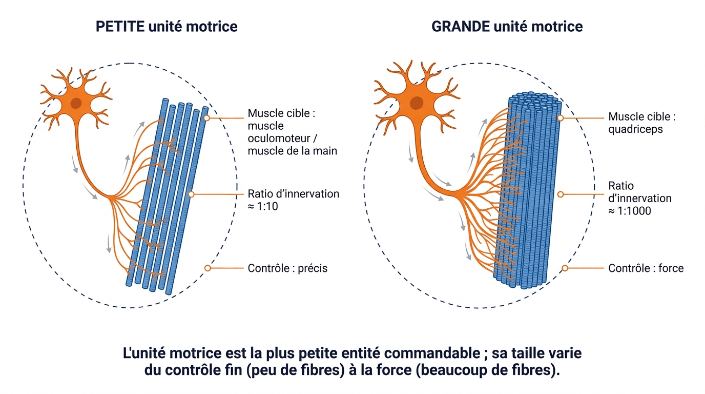 L'unité motrice, un motoneurone alpha et les fibres qu'il innerve : petites unités dans les muscles fins, grandes unités dans les muscles propulseurs